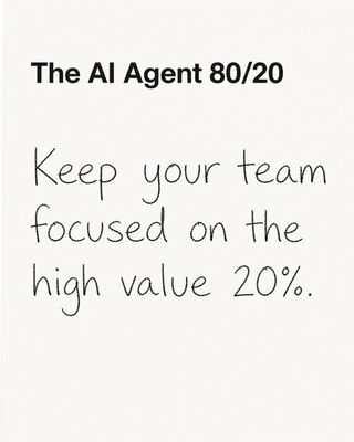 Quote card titled The AI Agent 80/20. Handwritten text reads: Keep your team focused on the high value 20%.